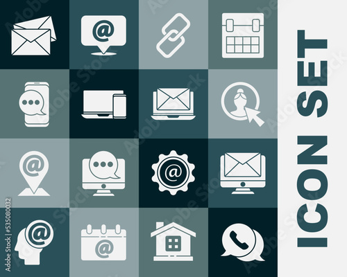 Set Telephone with speech bubble chat, Monitor and envelope, Create account screen, Chain link, Chat messages notification, Envelope and Laptop icon. Vector