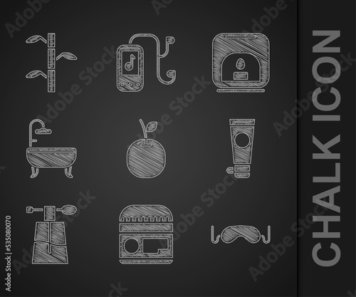 Set Apple, Cream or lotion cosmetic tube, Eye sleep mask, Perfume, Bathtub, Aroma lamp and Bamboo stems with leaves icon. Vector