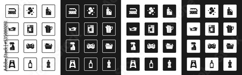 Set Bottle for cleaning agent, Washer, Temperature wash, Brush, Washing powder, Soap water bubbles, Basin with soap suds and Cleaning spray bottle icon. Vector