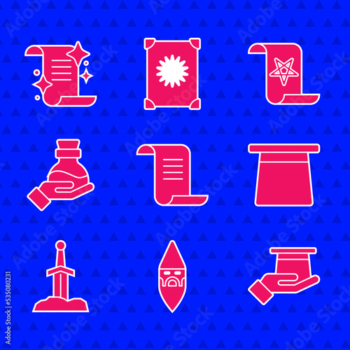 Set Ancient magic book, Wizard warlock, Magician hat in hand, Sword the stone, Bottle with potion, and icon. Vector