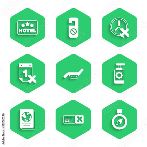 Set Sunbed and umbrella, Airline ticket, Compass, Sunscreen spray bottle, Passport, Calendar airplane, Clock with and Signboard text Hotel icon. Vector