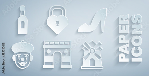 Set Triumphal Arch, Woman shoe, French mime, Windmill, Castle the shape of heart and Champagne bottle icon. Vector