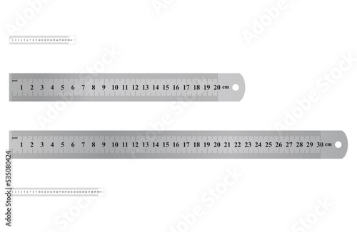 Stainless steel metal rulers 20-30 cm. Metric precision double sided measuring instrument. Realistic scale ruler vector illustrations. 