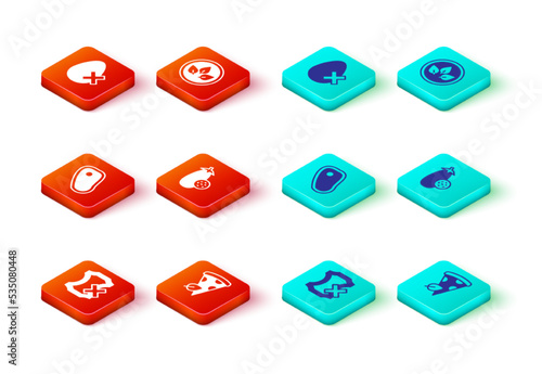 Set No leather, Vegan pizza slice, Steak meat, Eggplant, food diet and egg icon. Vector