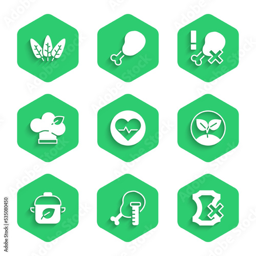 Set Heart rate, Genetically modified chicken, No leather, Sprout, Vegan food diet, leg and Leaf icon. Vector