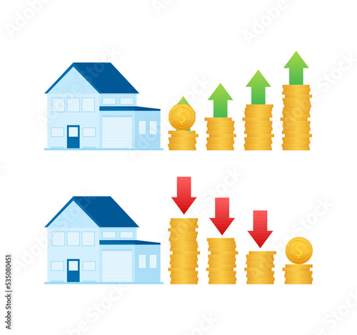 Illustration with house price up for concept design. Profit growth progress. Business concept. Business graph.