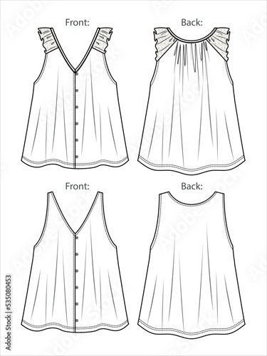 Vector summer tank top fashion CAD, sleeveless woman camisole with lace and buttons detail technical drawing, sketch, template, flat. Jersey or woven fabric blouse with front, back view, white color