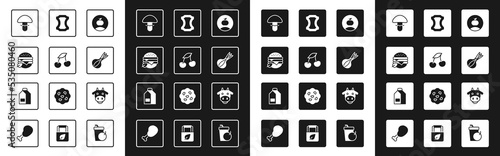 Set Apple, Fresh berries, Vegan food diet, Mushroom, Onion, Leather, Cow head and Paper package for milk icon. Vector