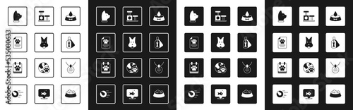 Set Pet food bowl for cat or dog, Dog, Medical clinical record pet, Cat, collar with bone, scratching post toy, Collar name tag and Calendar grooming icon. Vector