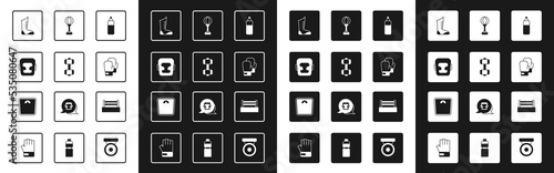 Set Punching bag, Dumbbell, Boxing helmet, Sport boxing shoes, glove, ring and Bathroom scales icon. Vector