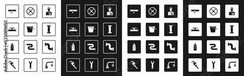 Set Plumber, Bucket, Industry pipe and valve, Broken with leaking water, metallic, and Bottle of icon. Vector