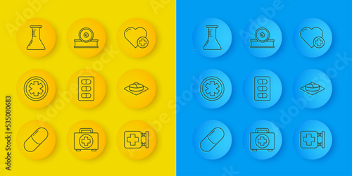 Set line Medicine pill or tablet, Medical symbol of the Emergency, Pills blister pack, Hospital signboard, Test tube and flask, Heart with cross and Otolaryngological head reflector icon. Vector