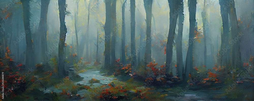 Forest landscape in the rain - oil painting