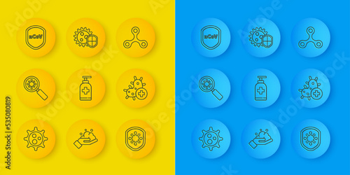 Set line Virus, under magnifying glass, Bottle of liquid antibacterial soap, Shield protecting from virus, Positive, and icon. Vector