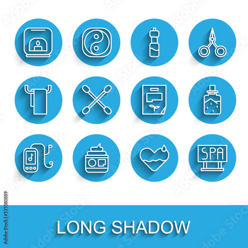 Set line Music player, Cream or lotion cosmetic tube, Aroma lamp, Heart heal, Spa salon signboard, Cotton swab for ears, salt and Leaf document icon. Vector