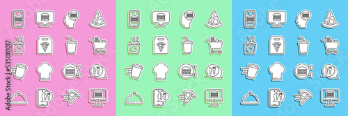 Set line Online ordering and delivery, Cafe restaurant location, Shopping cart food, pizza, Asian noodles chopsticks, and Paper glass with water icon. Vector