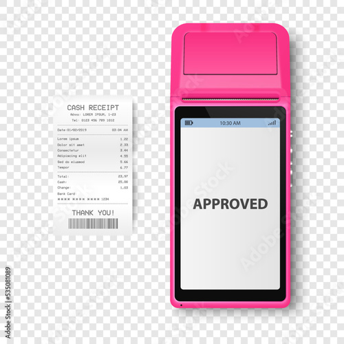 Vector 3d NFC Payment Machine with Approved Status, Paper Check, Receipt Isolated. Wi-fi, Wireless Payment. POS Terminal, Machine Design Template of Bank Payment Contactless Terminal, Mockup. Top VIew