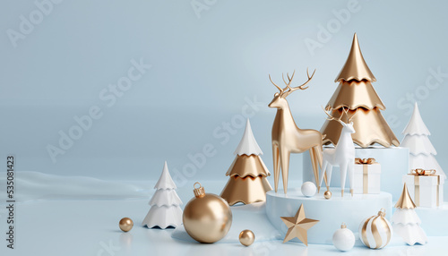 3D render cylinder podium in christmas Santa Claus and christmas tree, gift boxes, ribbon, product, perfume, promotion sale, presentation, cosmetic on background color .