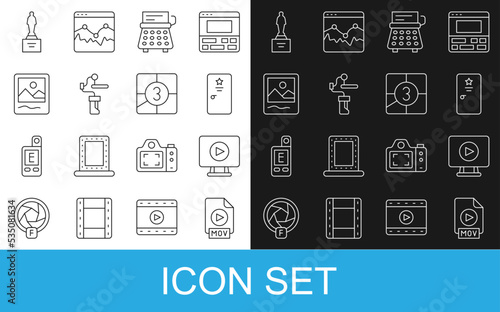 Set line MOV file document, Online play video, Backstage, Retro typewriter, Gimbal stabilizer for camera, Photo frame, Movie trophy and Old film movie countdown icon. Vector