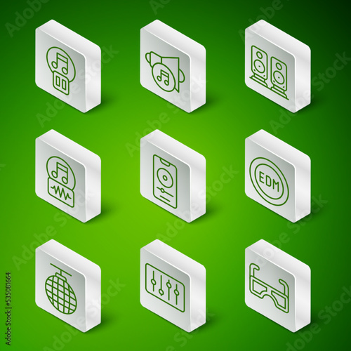 Set line Glasses, Sound mixer controller, Pause button, Music player, note, tone, Speaker volume, Disco ball and EDM electronic dance music icon. Vector