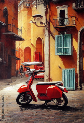 Oil painting - a moped on the streets of Italy - 3D Illustration
