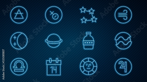 Set line Symbol Jupiter, Planet, Star constellation zodiac, Saturn, Eclipse of the sun, Air element, Bottle water and Venus symbol icon. Vector