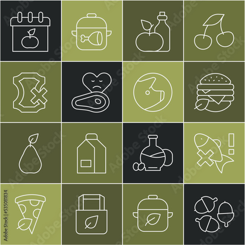 Set line Acorn, No fish, Vegan food diet, Apple cider vinegar in bottle, Steak meat, leather, World Vegetarian day and Pig icon. Vector