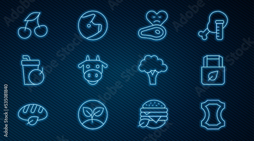 Set line Leather, Shopping bag with recycle, Steak meat, Cow head, Fresh smoothie, berries, Broccoli and Pig icon. Vector