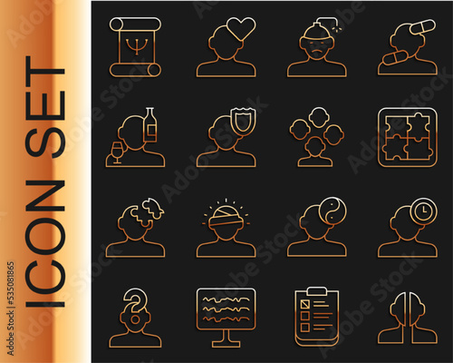 Set line Bipolar disorder, Insomnia, Solution problem in psychology, Concussion, headache, Psychology, Alcoholism, book and Schizophrenia icon. Vector