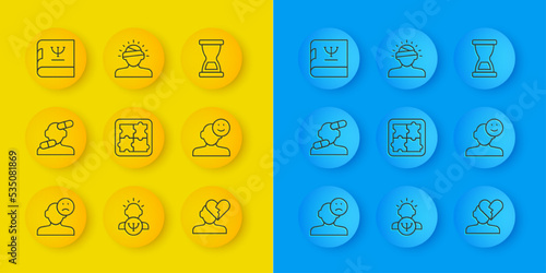 Set line Sad and depressed man, bad mood, Sedative pills, Solution problem in psychology, Broken heart or divorce, Good, Psychology book, Old hourglass and Concussion, headache icon. Vector