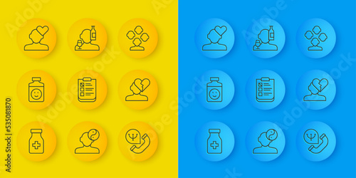 Set line Sedative pills, Antidepressants, Psychological test, Online psychological counseling, Broken heart or divorce, Schizophrenia and Alcoholism icon. Vector