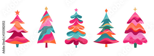 Colorful Retro Christmas Trees Collection for New Year 2023
