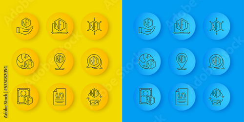 Set line NFT Digital crypto art, blockchain technology and Laptop with store app icon. Vector