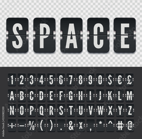 Airport flip board font for showing flight arrival information and timetable vector illustration. Black terminal mechanical scoreboard bold alphabet with numbers for space travel schedule