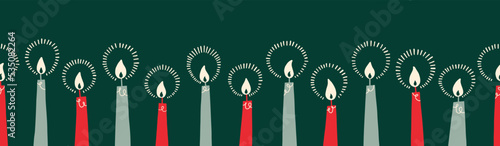 Burning Christmas Candles Horizontal Vector Seamless Pattern Border. Retro Abstract Print. Advnet BAckground. Cosy Christmas Eve Repeat