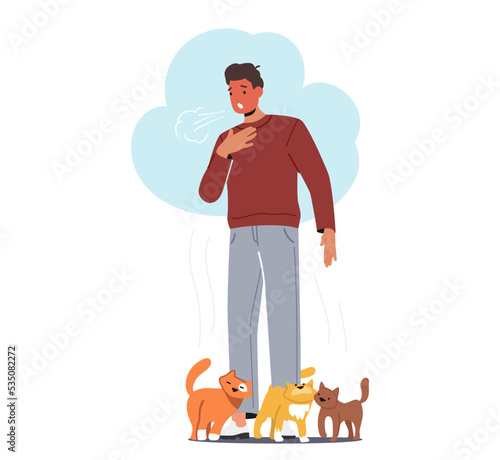 Man With Cat Fur Allergy , Male Character ,coughing With Runny Nose And Watery Eyes. Seasonal Disease, Causes Of Allergy