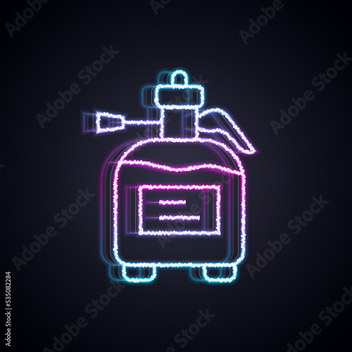 Glowing neon line Garden sprayer for water, fertilizer, chemicals icon isolated on black background. Vector