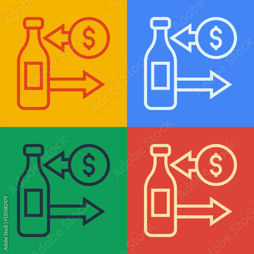 Pop art line Reception and sale of glass bottles icon isolated on color background. Vector