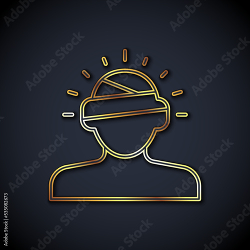 Gold line Concussion, headache, dizziness, migraine icon isolated on black background. Vector