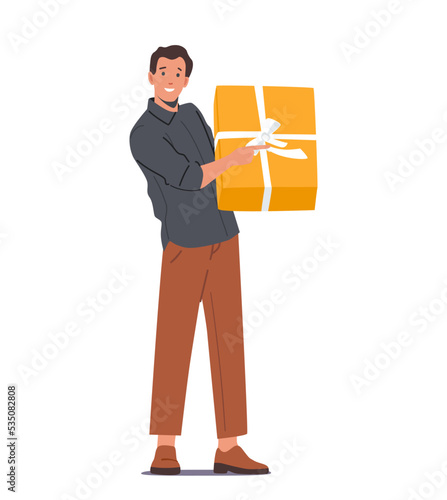 Happy Man Holding Big Gift Box Wrapped With Festive Bow Isolated On White Background. Male Character With Present