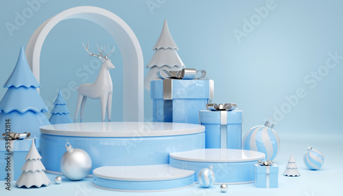 3D render cylinder podium in christmas Santa Claus and christmas tree, gift boxes, ribbon, product, perfume, promotion sale, presentation, cosmetic on background color .