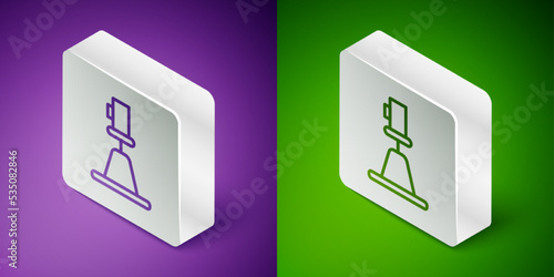 Isometric line Tacheometer, theodolite icon isolated on purple and green background. Geological survey, engineering equipment for measurement and research. Silver square button. Vector