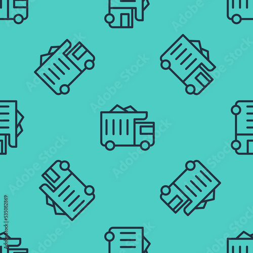 Black line Large industrial mining dump truck icon isolated seamless pattern on green background. Big car. Vector