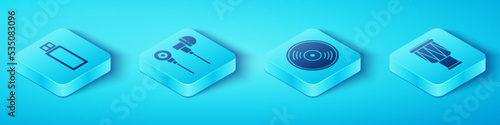 Set Isometric USB flash drive, Air headphones, Drum and Vinyl disk icon. Vector