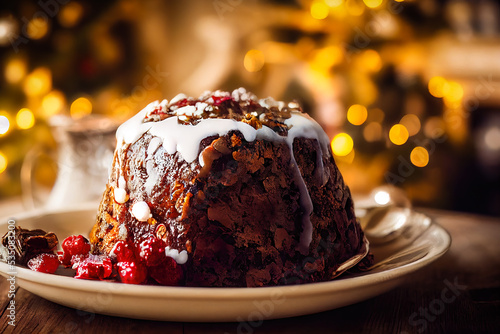 3D Illustration, Digital Art, Close-up on a couple of delicious Traditional British Christmas Pudding on a wooden table with christmas tree in the background. photo