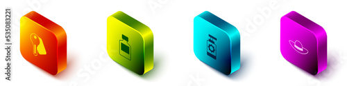 Set Isometric Hotel door lock key, Whiskey bottle, Sunscreen spray and Elegant women hat icon. Vector