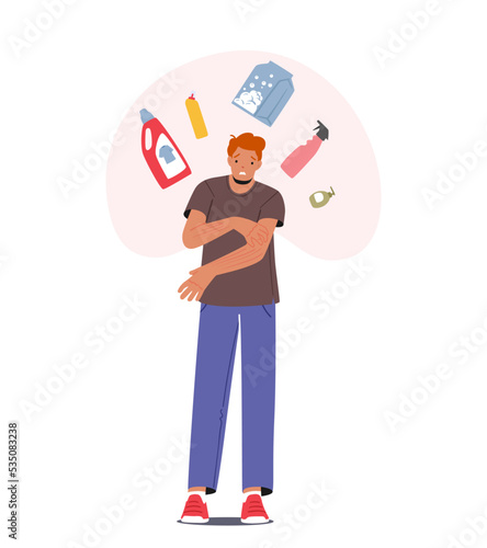 Male Character With Allergy On Different Detergent Types Scratch Skin Isolated On White Background. Immunology Disease