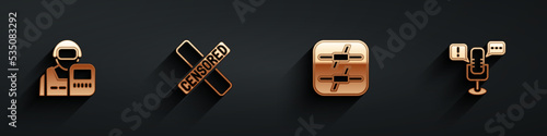 Set Police officer, Censored stamp, Barbed wire and Freedom speech icon with long shadow. Vector