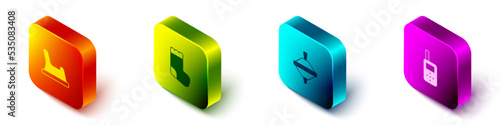 Set Isometric Baby potty, socks, Whirligig toy and monitor walkie talkie icon. Vector