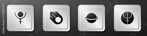 Set Symbol Pluto, Comet, Planet Saturn and Neptune planet icon. Silver square button. Vector